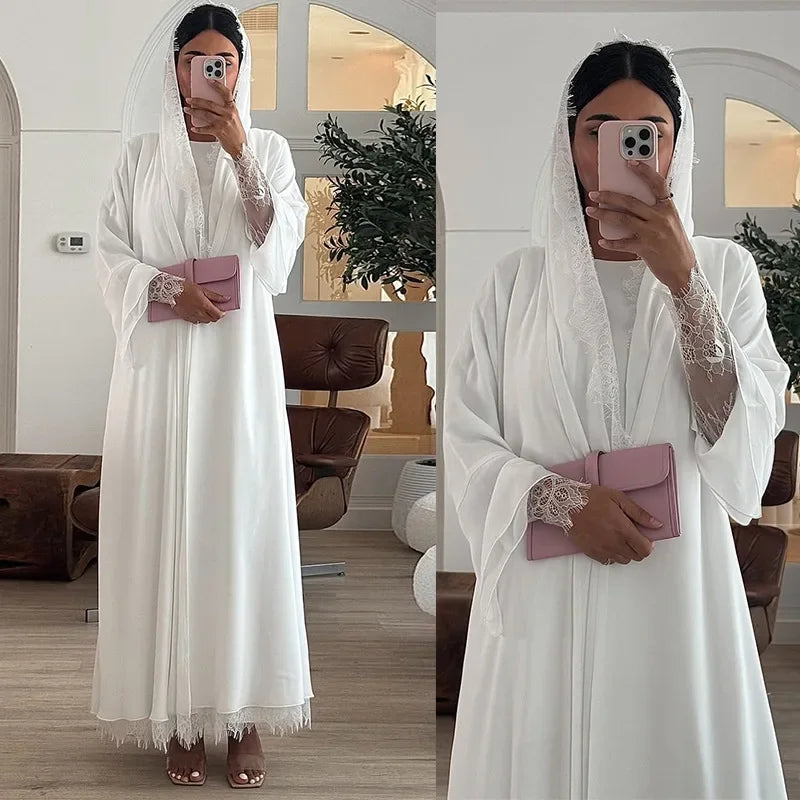 Women Abaya Scarf Lace Sleeve Open Cardigan Dress 2026 Eid Muslim Party Jalabiya Ramadan Abayas Morocco Kaftan Arab Long Robe