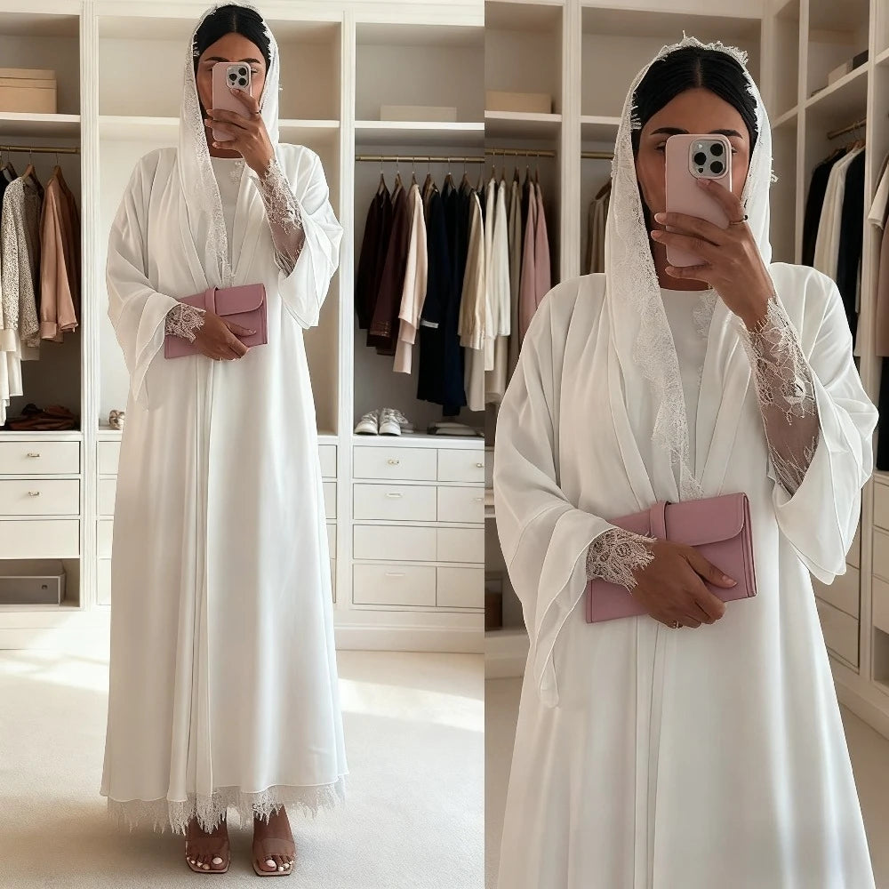 Women Abaya Scarf Lace Sleeve Open Cardigan Dress 2026 Eid Muslim Party Jalabiya Ramadan Abayas Morocco Kaftan Arab Long Robe