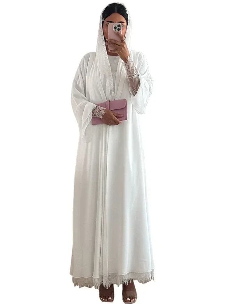 Women Abaya Scarf Lace Sleeve Open Cardigan Dress 2026 Eid Muslim Party Jalabiya Ramadan Abayas Morocco Kaftan Arab Long Robe
